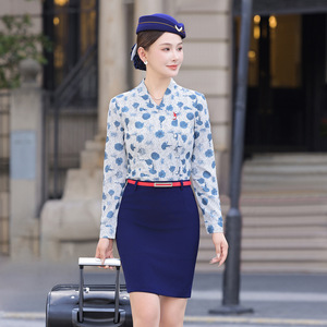 Summer Women's Short Sleeve Shirt Blue Floral Print Slim Fit No-Wrinkle Polyester Airline Uniform Workwear - Product Image 4