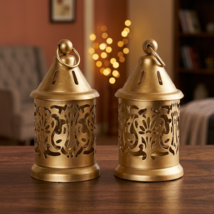 Pequeña Linterna de Hierro Dorado con Grabado Metálico, Linterna Pequeña Hueca para Colgar, Portavelas, Par para Decoración del Hogar - Product Image 4