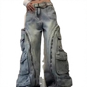 High Waist Stonewashed Cargo Pants <b>Women</b> Loose Fit Full Length Streetwear Denim <b>Trousers</b> With Multiple Pockets Zipper Fly - Product Image 1