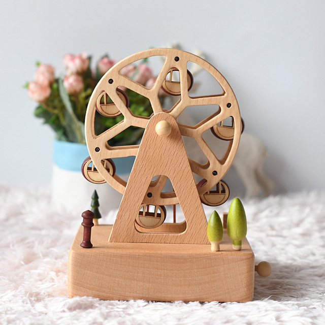 Custom Logo Mechanical Wind-Up Movement Ferris Wheel Music Box with Square Solid Beech Wood Base