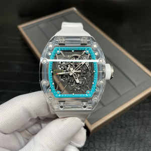 Montre mécanique automatique squelette en cristal transparent pour homme RM055, montre de sport en caoutchouc blanc de forme tonneau - Product Image 1