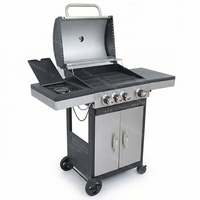 Barbecue à gaz sur chariot en acier inoxydable 3+1 brûleurs, grille en fonte, brûleur latéral, thermomètre, armoire, 4 roues pour jardin et cour