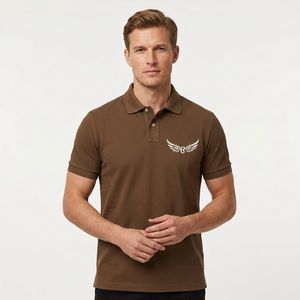 Polo en coton marron pour homme, manches courtes, logo brodé, style décontracté, respirant, design tricoté sur le devant - Product Image 1