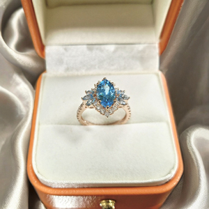 Anillo de piedra azul corte Marquesa 2.5ct Topacio Azul suizo piedra preciosa grande moissanita anillo de oro de boda sólido para mujeres niñas - Product Image 1