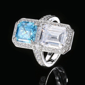 Bijoux de mode écologiques en cuivre, anneau à double pierre en zircon rose et bleu taille émeraude 8*10mm et 8*8mm pour femmes - Product Image 4