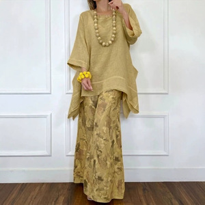 Women's Casual Cotton <b>Linen</b> Irregular Top And Wide Leg Pants <b>Set</b> Floral Print Smlxlxxlxxxl Europe America Style - Product Image 3