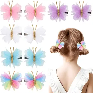 2Pcs/set Gradient Mesh Butterfly Hair Clips For Baby Girls Cute Flocking Hairpin Barrettes Kids Headwear Hair Accessories