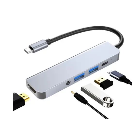 Konverter Video USB 3.0 4K @ 30Hz, Stasiun Dok Kecepatan Tinggi 5 In 1 Hub USB Tipe C Hub USB C