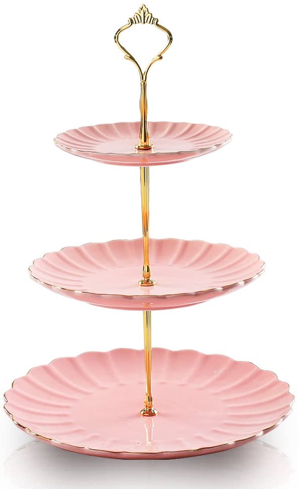 Support à Gâteaux 3 Niveaux Personnalisé – Assiettes Anciennes En Porcelaine, Motif Floral, Doré