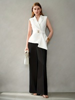 Ensemble de 2 pièces pour femmes, veste sans manches blanche et pantalon large noir, ourlet asymétrique, taille cintrée, costume de bureau