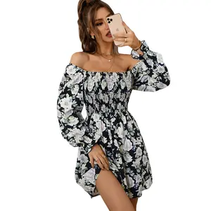 European and American fashion floral print square collar dress Spring/summer 2022 new short casual dress