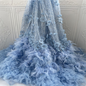 Feather Bottom Wedding Dress 3d Flowra Enice Tail Paillettes Lac Embroidery Sequin Bead Lace Tulle Pearl Transparent Net <strong>Fabric</strong>