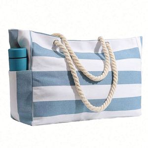 Bolsa de Compras de Lona a Rayas Grande, Impermeable, para Playa, Piscina y Viajes - Product Image 1