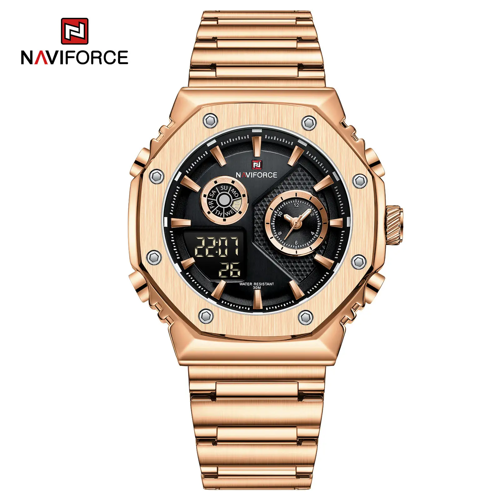 NAVIFORCE 9216S SB jam tangan Digital pria, arloji merek Quartz LED, Display ganda, jam tangan Stainless Steel untuk pria