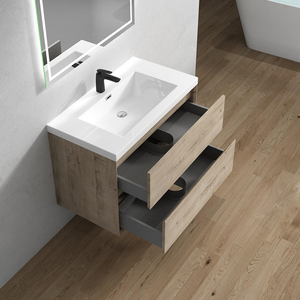 Mobile Bagno Moderno da <span class=keywords><strong>32</strong></span> <span class=keywords><strong>Pollici</strong></span> con Lavabo Singolo, 2 Cassetti, in Rovere, Piccole <span class=keywords><strong>Dimensioni</strong></span>, Montaggio a Parete, Set Multidimensionale in MDF e Compensato, 2 Lati - Product Image 2
