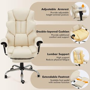 Chaise de <span class=keywords><strong>bureau</strong></span> chauffante blanche à massage 6 points Chaise d'ordinateur en cuir avec accoudoir et repose-pieds réglables - Product Image 5