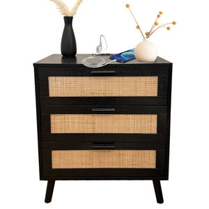 Gabinetes de almacenamiento de madera con cajón, mesita de noche con ratán tejido para sala de estar - Product Image 1
