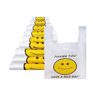 Bolsa de camiseta con cara sonriente, de PE engrosado, con serigrafía, para envasado de comida para llevar - Product Image 4