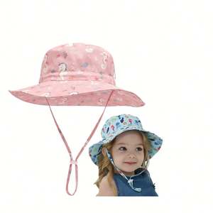 Sombrero de Pescador con Estampado Personalizado de Animales de Dibujos Animados para Niños, para Uso Diario, con Cordón para un Ajuste Seguro, para Primavera y Verano - Product Image 1