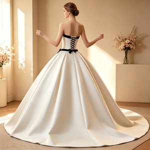 <span class=keywords><strong>Robe</strong></span> <span class=keywords><strong>de</strong></span> mariée bustier en satin, coupe princesse, avec bordure noire et nœud, dos lacé, élégante <span class=keywords><strong>pour</strong></span> <span class=keywords><strong>cérémonie</strong></span> <span class=keywords><strong>de</strong></span> <span class=keywords><strong>mariage</strong></span> - Product Image 2