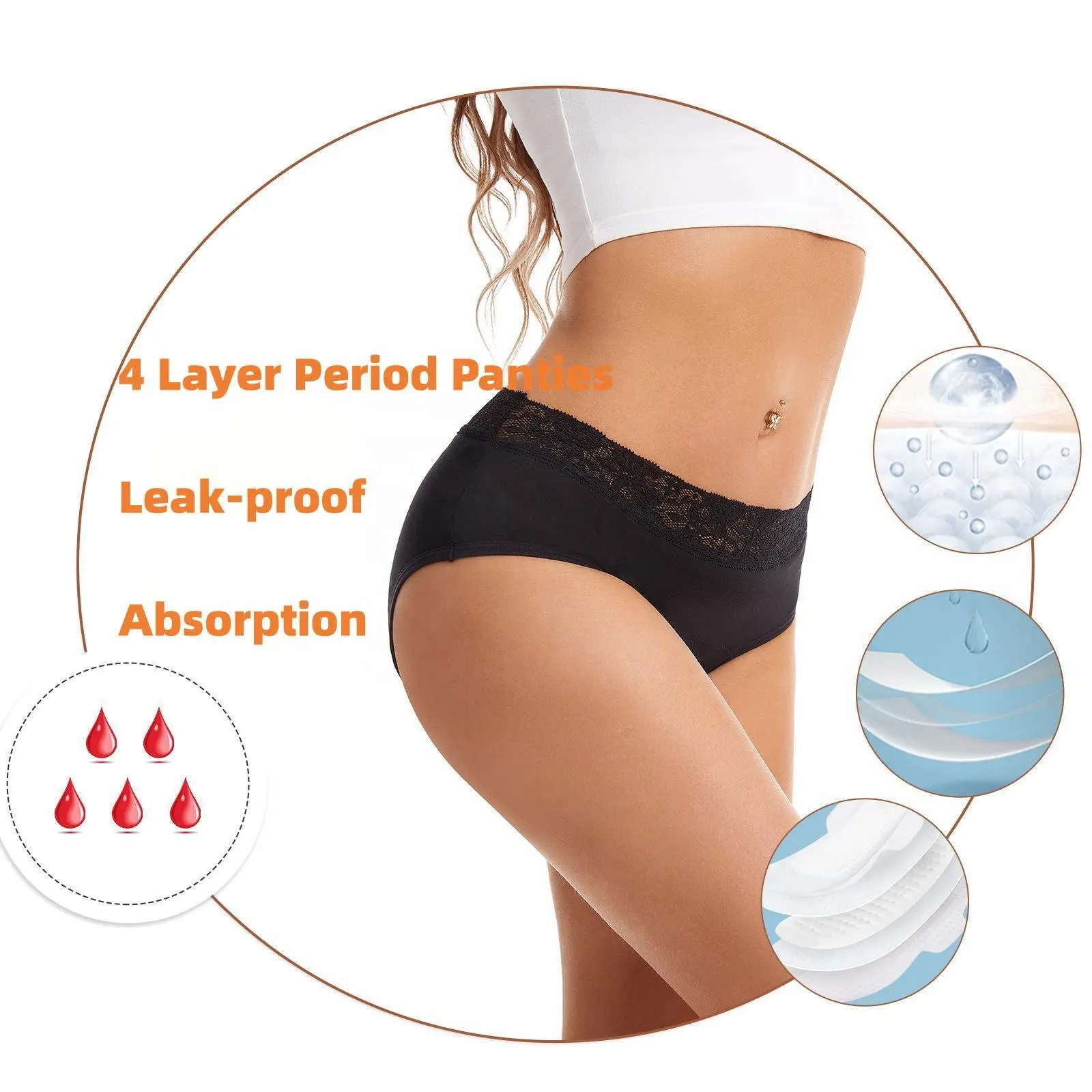 Calzones 4 couches étanches Menstrual Breathable Menstruelle Cycle Culottes Menstrual Lace Panties Heavy Flow Period Underwear