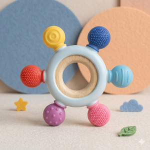 Anneau de dentition pour bébé en silicone de qualité alimentaire, jouet de dentition en bois, balle apaisante à saisir, apprentissage précoce éducatif - Product Image 5