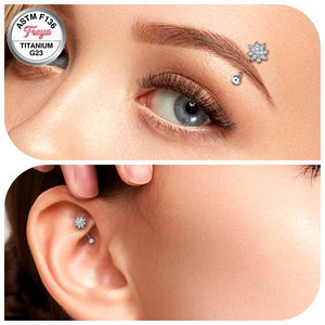 Bijoux de piercing corporel en Titane ASTM F136 : Piercings d'oreille (Rook, Daith), Boucles d'oreilles à barre courbée avec fleur en zircon, Piercings de nombril, Piercings de sourcil - Product Image 2