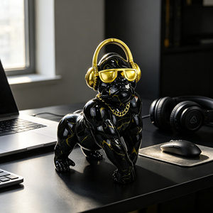 Figura de resina de <span class=keywords><strong>gorila</strong></span> estilo hip hop con cadena dorada, auriculares y gafas de sol, estatua moderna para decoración de mesa, venta al por mayor - Product Image 3