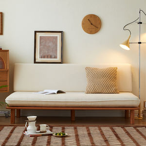 Sofá Cama de Madera Maciza Estilo Japonés, Sin Brazos, Tamaño Doble, para Salas de Estar Pequeñas y Apartamentos, Diseño Retro Simple en Tela - Product Image 3