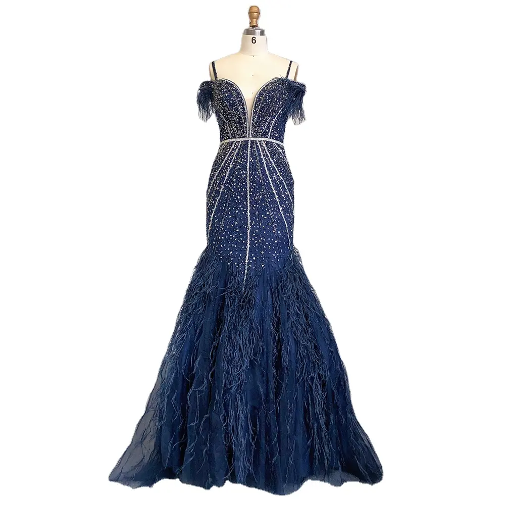 2022 Navy Blue Spaghetti Straps Mermaid Evening Dresses Serene Hill LA71656 Elegant Beaded Party Gowns With Feather