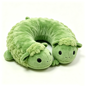 Green <b>Double</b>-Headed Sheep Neck <b>Pillow</b> - Soft Fluffy Plush U-Shaped Travel <b>Pillow</b>, Kids’ Airplane/Car Ride Neck Support - Product Image 2