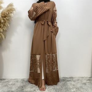 1546# New Stock Nida Fabric Hot Sale Floral Lace Open Abaya With Side Pockets for Arab Women 5 Colors - Product Image 2