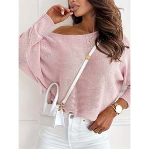 เสื้อสเวตเตอร์แขนยาวแบบเปิดไหล่สีชมพูสำหรับผู้หญิง - Product Image 3