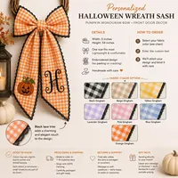 Broderie personnalisée : Faisceau de nom d'Halloween avec fantôme et chauve-souris, nœud effrayant, ruban gingham personnalisé avec nom, décoration de porte d'entrée pour Halloween