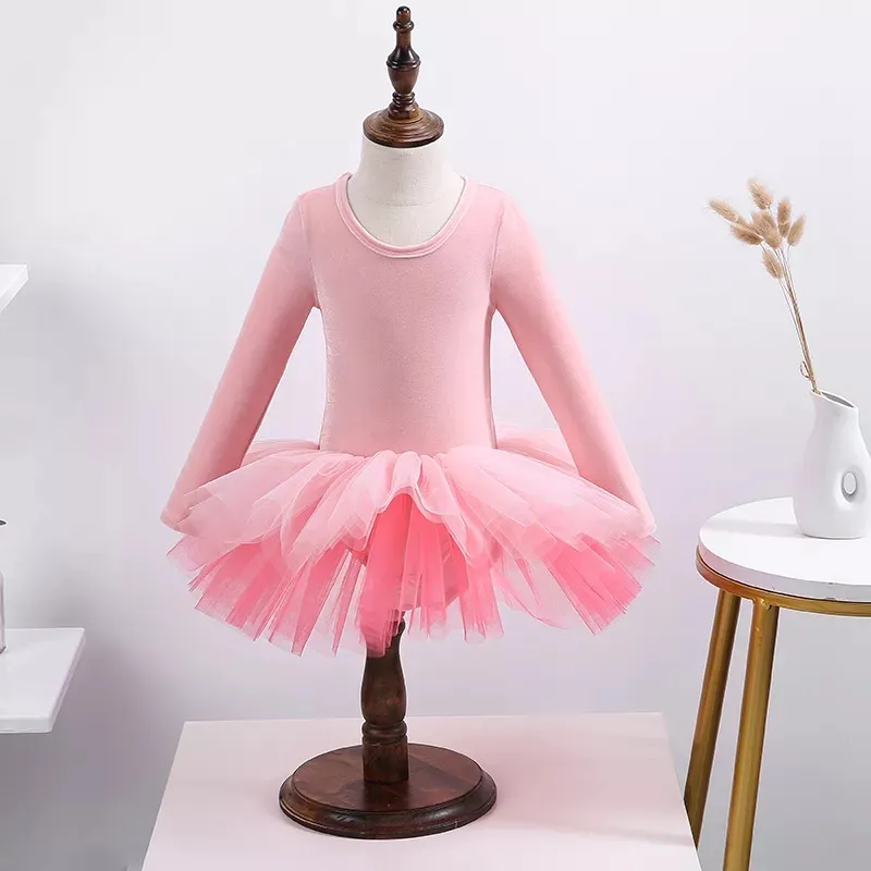 Toddler Girls Ballet Leotard Dance Skirted Ballerina Velvet Girls Long Sleeve Tutu Skirt Dress