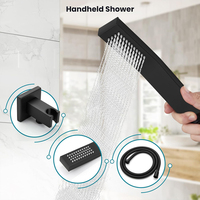 Système de douche encastré noir mat 3 fonctions - Grande pomme de douche carrée à effet pluie, douchette à main et bec de baignoire avec valve en laiton