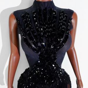 Body da Donna Nero Lussuoso con Pietre Grandi in Spandex/Poliestere, con Frange ad Alta Mobilità per Performance sul Palco, Cantante, Showgirl, Nightclub - Product Image 2