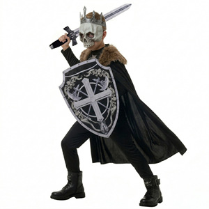 Costume d'Halloween pour garçons, Roi Squelette, Chevalier Médiéval, Tenue de Guerrier Squelette Effrayant pour Enfants avec Couronne, Masque, Cape, Épée et Bouclier pour Fête - Product Image 4