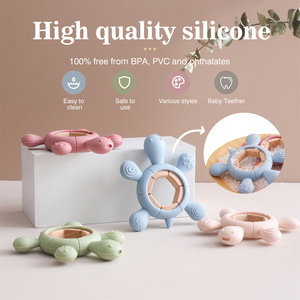 Anneau de <span class=keywords><strong>dentition</strong></span> sensoriel en silicone sans BPA pour bébé, forme tortue, avec anneau en bois de hêtre naturel, jouet sensoriel de qualité alimentaire pour nourrissons - Product Image 2