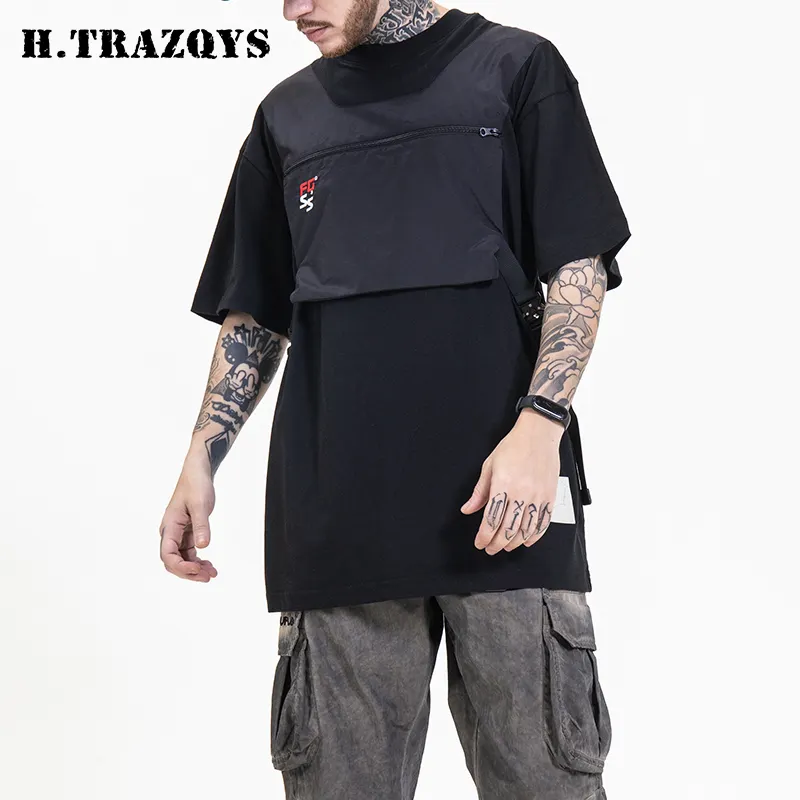China wholesale clothing stylish streetwear custom cotton designer black zipper pocket men t shirt