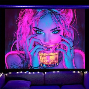 VIKAMA <span class=keywords><strong>Tapisserie</strong></span> Cyberpunk Neon Girl 100% Polyester Non-tissé Rose Bleu Contraste Décoration Murale Salon Chambre Salle de Jeu Bar - Product Image 4