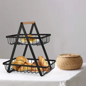 2/3Tier Grande Destacável De Madeira De Metal Pão Cesta De Frutas Para Bancada De Cozinha