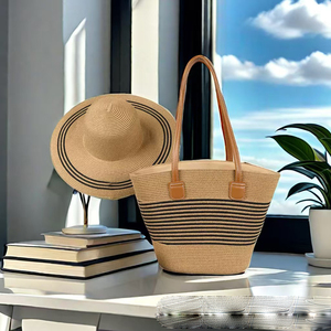 IStapromo Gifts High Quantity Custom Summer Beach Strip <b>Sun</b> <b>Shade</b> Wide Brim Straw Hat One Shoulder Underarm Bag Set - Product Image 1
