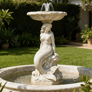 Maßgefertigte Moderne Marmor-Meerjungfrau-Statue Handgeschnitzter Stein-Fischbrunnen Garten-Wasserspiel-Skulptur Langlebig Umweltfreundlich - Product Image 1