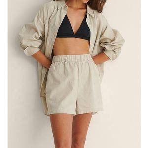 Da <span class=keywords><strong>donna</strong></span> su misura Casual Loungewear in <span class=keywords><strong>lino</strong></span> a manica lunga camicia con colletto e colletto da spiaggia <span class=keywords><strong>blusa</strong></span> 2 pezzi Set Shorts - Product Image 4