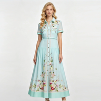 Robe trapèze personnalisée grande taille en coton et lin, imprimée, à col chemise, manches courtes et taille cintrée pour femme