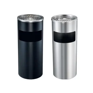 Ss Trash Dust Bin Garbage Can with Ashtray Stainless Steel Round Lobby Hotel Use Metal trash bin with ashtray