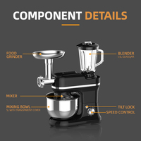 Robot pâtissier multifonction 3-en-1 avec mixeur, moulin et bol mélangeur en acier inoxydable de 5L, 6L, 7L pour pétrir la pâte à pain et la pâte à boulangerie