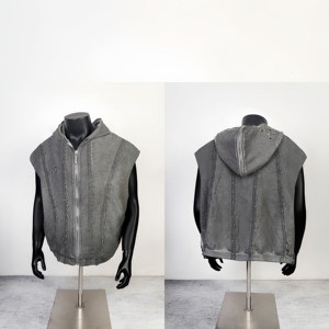 THUG CLUB Sweat à capuche épais délavé à l'acide et vieilli, style Techwear, coupe courte, effet soleil délavé, entièrement zippé, pour homme - Product Image 6