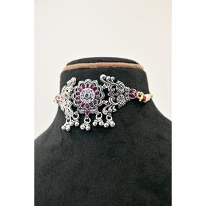 Vintage Flower <b>Choker</b> Necklace With Cubic Zirconia And Red Beads For Women Wedding Jewelry Oxidised Chik Set - Product Image 1